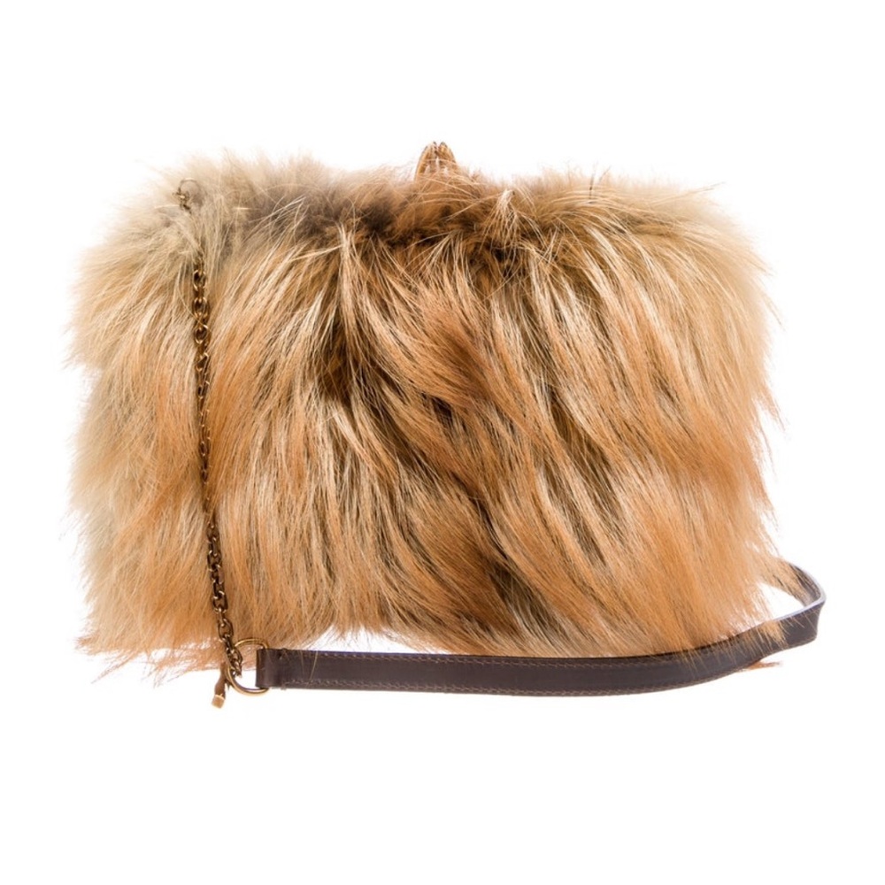 Christian Louboutin fox Fur Clutch Bag leather chain brown gold limited edition